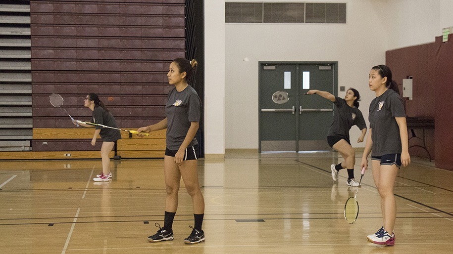 Guadalupe Alvarez/Courier Eugenia Mendez a member of the Pasadena City College Badminton team playing against El Camino College in the Hutto-Patterson Gymnasium in Pasadena City College on Wednesday March 23, 2016.